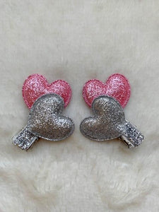 Pink and Silver Glittering Hearts Clips