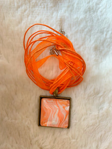 Orange and White Sea Waves Square Pendant Necklace