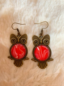 Red Owls Fluid Art Earrings