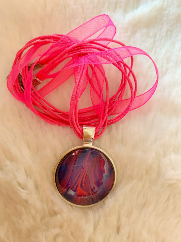 Fuchsia Pink and Blue Thin Waves Pendant Necklace