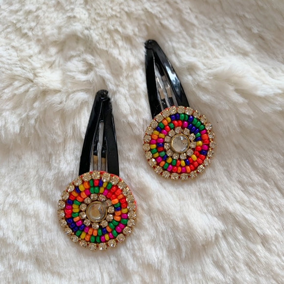 Small Ethnic Multicolored Round Motif Snap Clips